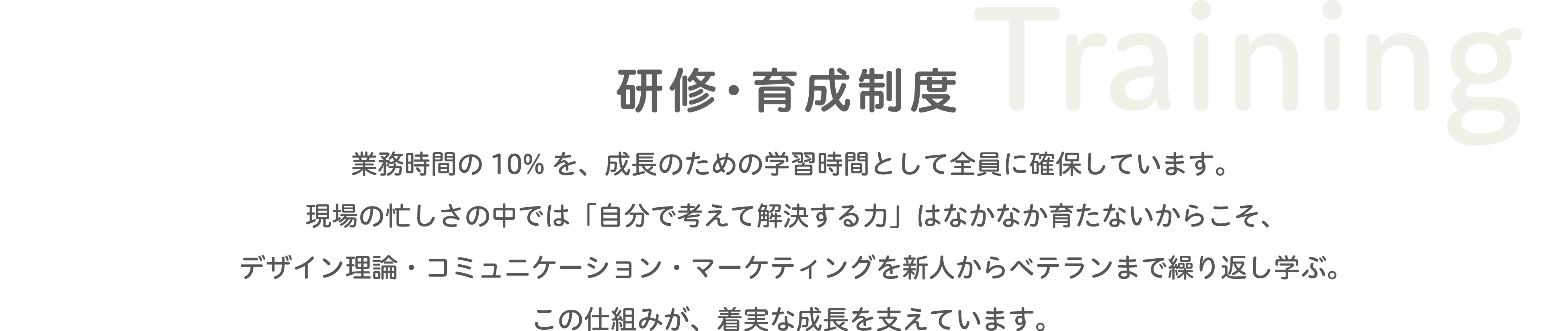 Training 研修・育成制度 業務時間の10％を学習時間として確保し、デザイン・コミュニケーション・マーケティングを新人からベテランまで繰り返し学び、着実な成長を支えています。