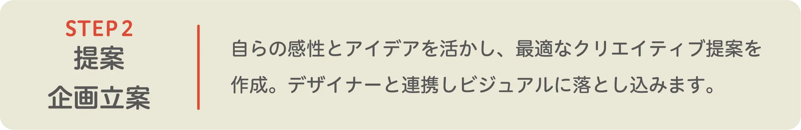STEP2 提案・企画立案。自らの感性とアイデアを活かし最適なクリエイティブ提案を作成し、デザイナーと連携してビジュアルに落とし込みます。
