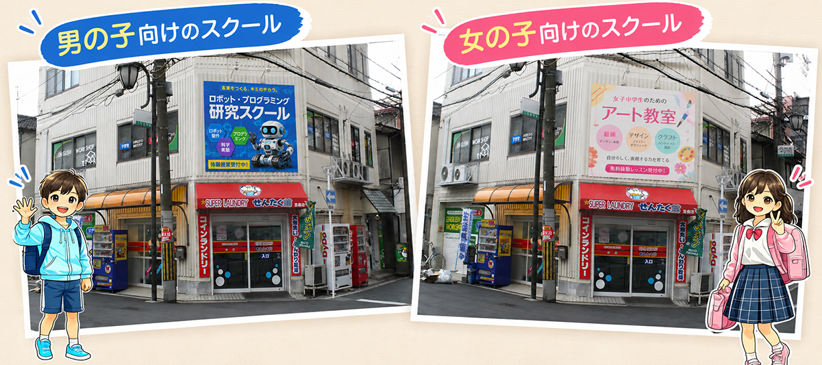 ロボットスクールの看板と、お絵描き教室の看板のスライド