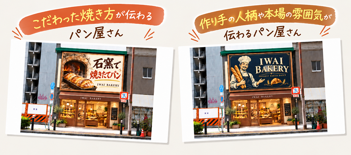 石窯のモチーフの看板と、パン職人のモチーフの看板のスライド