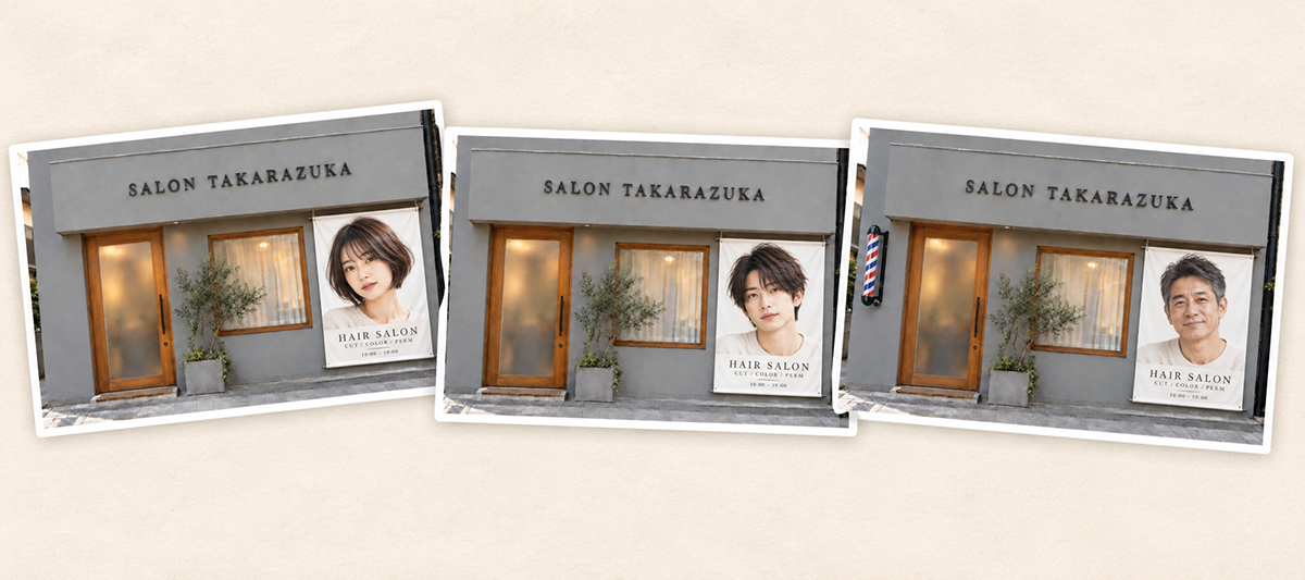 看板の写真を「女性モデル→男性モデル→年配の男性モデル+サインポール」と変えていくスライド