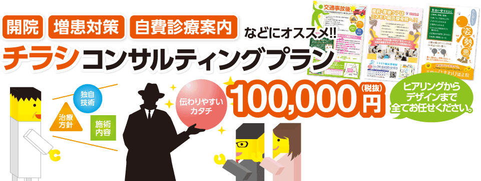 開院・増患対策・自費診療案内などにオススメ!!チラシコンサルティングプラン100,000円（税抜）ヒアリングからデザインまで全てお任せください。上記金額に印刷料金は含まれておりません。印刷コストは出来るだけ抑えて注文出来るように弊社ではネット通販を推奨しています。ネット通販にそのまま入稿出来るデータを納品しますので、お客様ご自身で印刷の発注をお願いします。